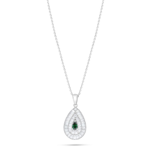 [NCL01EMR00WCZC024] Sterling Silver 925 Necklace Rhodium Plated Embedded With Emerald Zircon And White Zircon