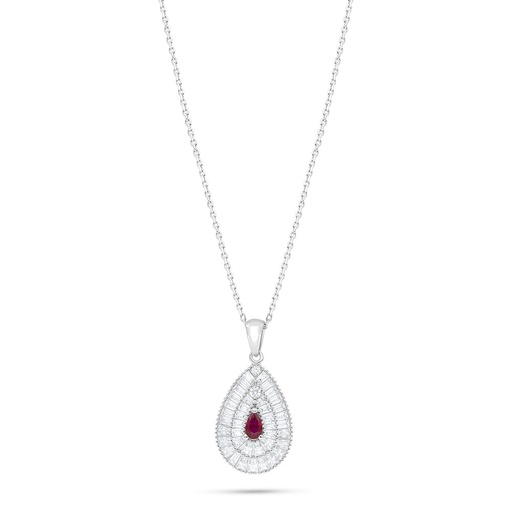 [NCL01RUB00WCZC024] Sterling Silver 925 Necklace Rhodium Plated Embedded With Ruby Corundum And White Zircon