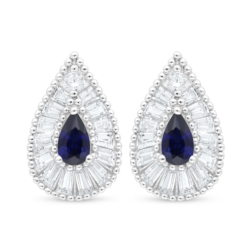 [EAR01SAP00WCZC940] Sterling Silver 925 Earring Rhodium Plated Embedded With Sapphire Corundum And White Zircon