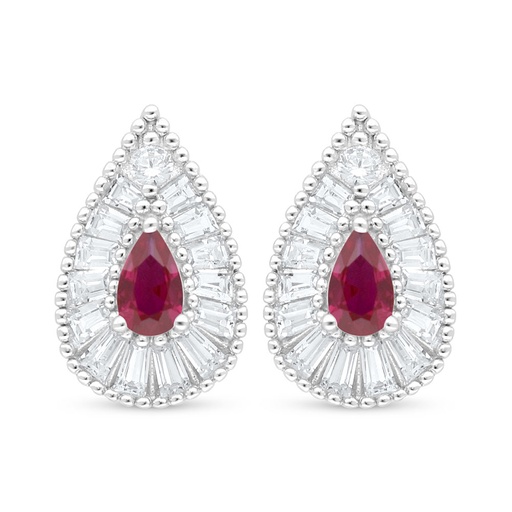 [EAR01RUB00WCZC940] Sterling Silver 925 Earring Rhodium Plated Embedded With Ruby Corundum And White Zircon