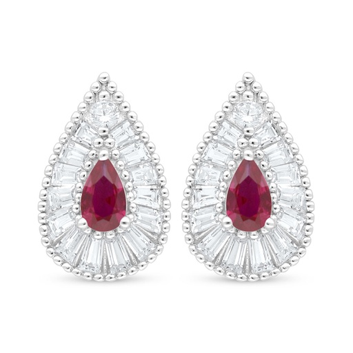 [EAR01RUB00WCZC940] Sterling Silver 925 Earring Rhodium Plated Embedded With Ruby Corundum And White Zircon