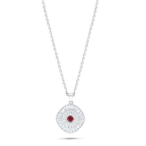 [NCL01RUB00WCZC025] Sterling Silver 925 Necklace Rhodium Plated Embedded With Ruby Corundum And White Zircon