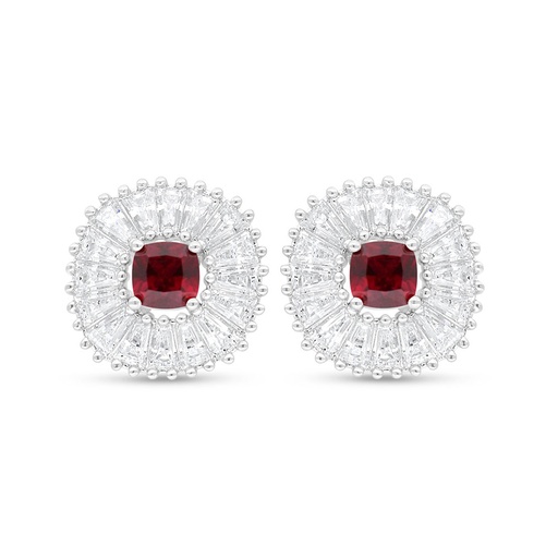 [EAR01RUB00WCZC941] Sterling Silver 925 Earring Rhodium Plated Embedded With Ruby Corundum And White Zircon