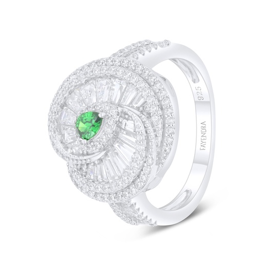 Sterling Silver 925 Ring Rhodium Plated Embedded With Emerald Zircon And White Zircon