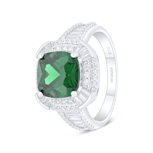 Sterling Silver 925 Ring Rhodium Plated Embedded With Emerald Zircon And White Zircon