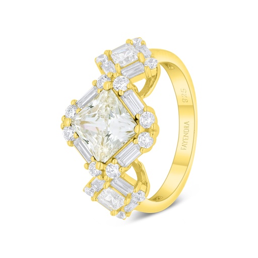 Sterling Silver 925 Ring Golden Plated Embedded With Yellow Diamond And White Zircon