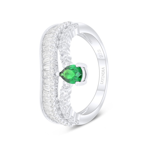 Sterling Silver 925 Ring Rhodium Plated Embedded With Emerald Zircon And White Zircon