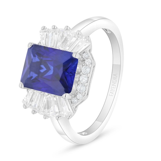 Sterling Silver 925 Ring Rhodium Plated Embedded With Sapphire Corundum And White Zircon