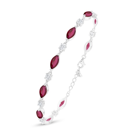 [BRC01RUB00WCZB528] Sterling Silver 925 Bracelet Rhodium Plated Embedded With Ruby Corundum And White Zircon