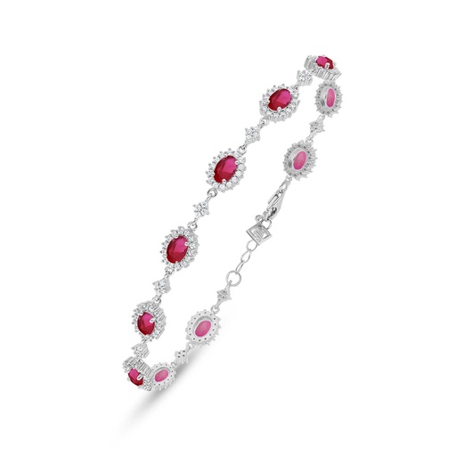 [BRC01RUB00WCZB531] Sterling Silver 925 Bracelet Rhodium Plated Embedded With Ruby Corundum And White Zircon