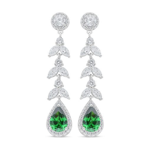 [EAR01EMR00WCZC993] Sterling Silver 925 Earring Rhodium Plated Embedded With Emerald Zircon And White Zircon