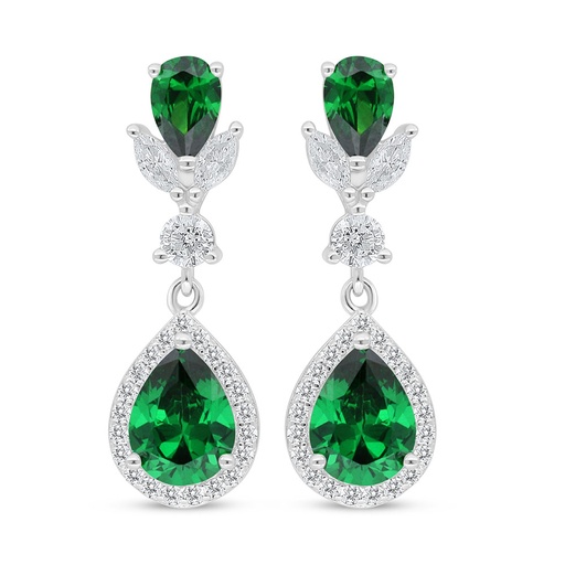 [EAR01EMR00WCZC994] Sterling Silver 925 Earring Rhodium Plated Embedded With Emerald Zircon And White Zircon
