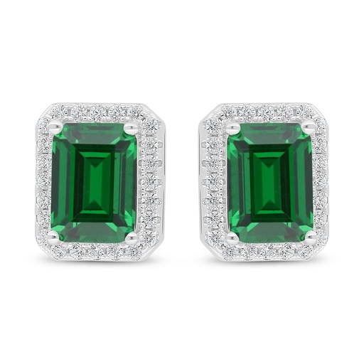 [EAR01EMR00WCZD022] Sterling Silver 925 Earring Rhodium Plated Embedded With Emerald Zircon And White Zircon