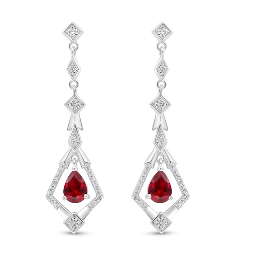 [EAR01RUB00WCZD016] Sterling Silver 925 Earring Rhodium Plated Embedded With Ruby Corundum And White Zircon