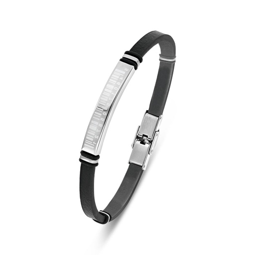 [BRC1000000000A232] Stainless Steel Bracelet 316L And 304L Silver And Black Plated With Black Leather 