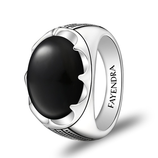 Sterling Silver 925 Ring Rhodium Plated Embedded With Black Agate