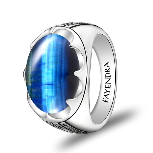 Sterling Silver 925 Ring Rhodium Plated Embedded With BLUE TIGER EYE