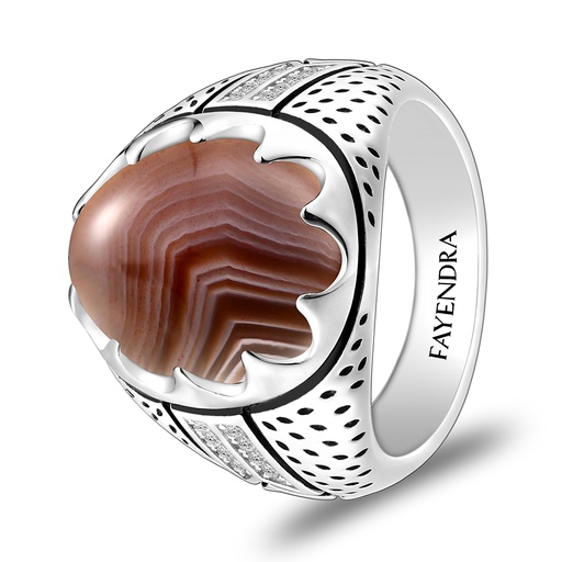 Sterling Silver 925 Ring Rhodium Plated Embedded With BOTSWANA AGATE And White CZ