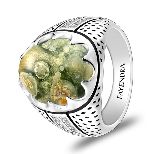 Sterling Silver 925 Ring Rhodium Plated Embedded With RHYOLITE And White CZ