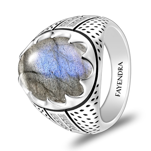 Sterling Silver 925 Ring Rhodium Plated Embedded With LABRADORITE And White CZ