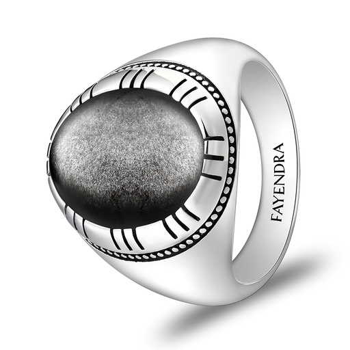 Sterling Silver 925 Ring Rhodium Plated Embedded With SILVER OBSIDIAN