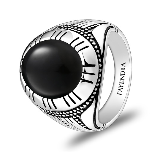 Sterling Silver 925 Ring Rhodium Plated Embedded With Black Agate