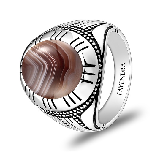 Sterling Silver 925 Ring Rhodium Plated Embedded With BOTSWANA AGATE