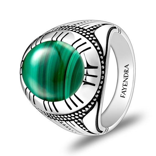 Sterling Silver 925 Ring Rhodium Plated Embedded With Malachite