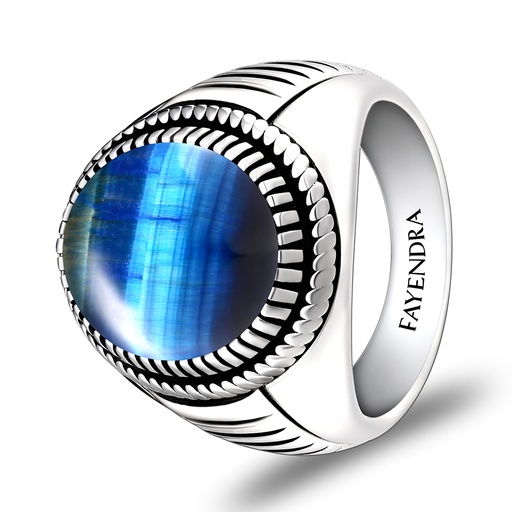 Sterling Silver 925 Ring Rhodium Plated Embedded With BLUE TIGER EYE