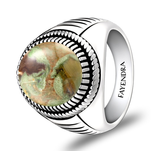 Sterling Silver 925 Ring Rhodium Plated Embedded With RHYOLITE