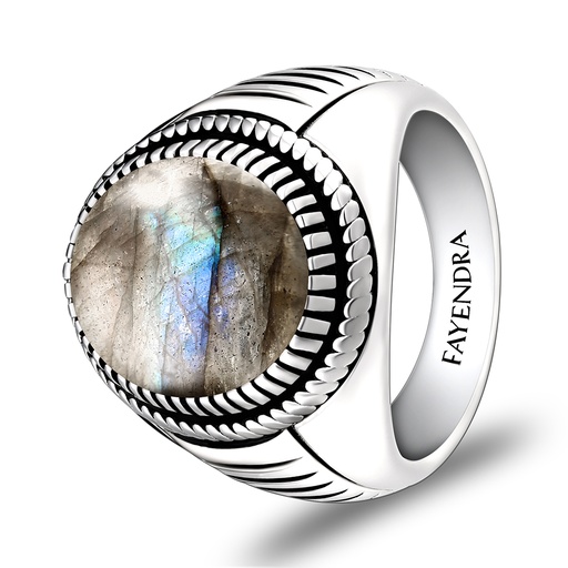 Sterling Silver 925 Ring Rhodium Plated Embedded With LABRADORITE