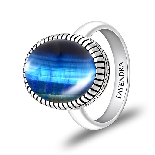 Sterling Silver 925 Ring Rhodium Plated Embedded With BLUE TIGER EYE