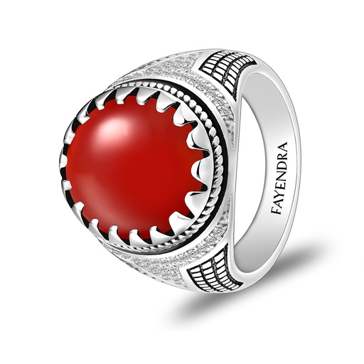 Sterling Silver 925 Ring Rhodium Plated Embedded With Red AGATE And White CZ