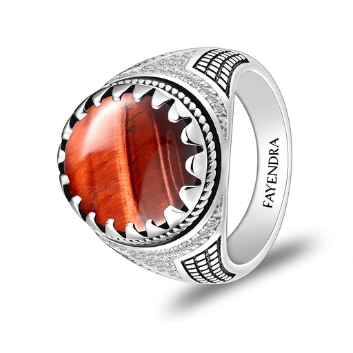 Sterling Silver 925 Ring Rhodium Plated Embedded With RED TIGER EYE And White CZ