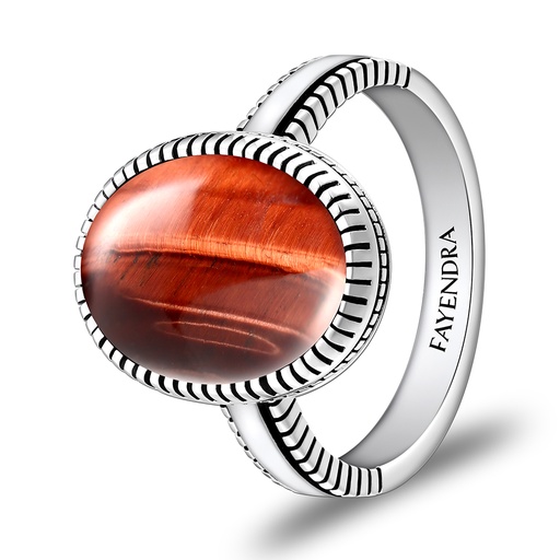 Sterling Silver 925 Ring Rhodium Plated Embedded With RED TIGER EYE