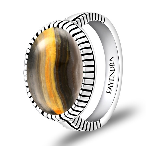 Sterling Silver 925 Ring Rhodium Plated Embedded With YELLOW TIGER EYE