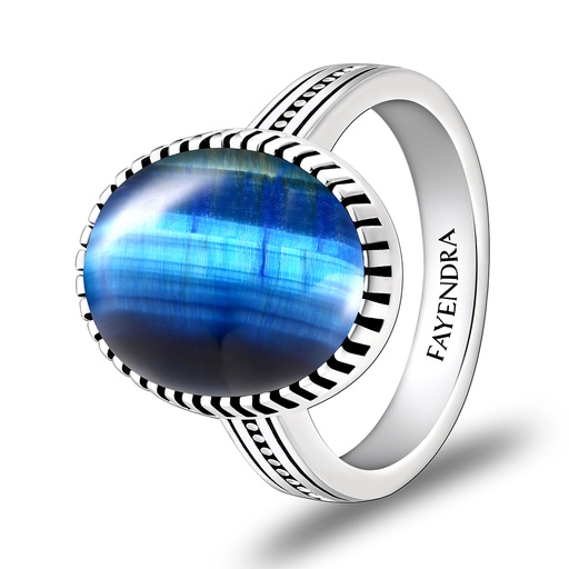 Sterling Silver 925 Ring Rhodium Plated Embedded With BLUE TIGER EYE