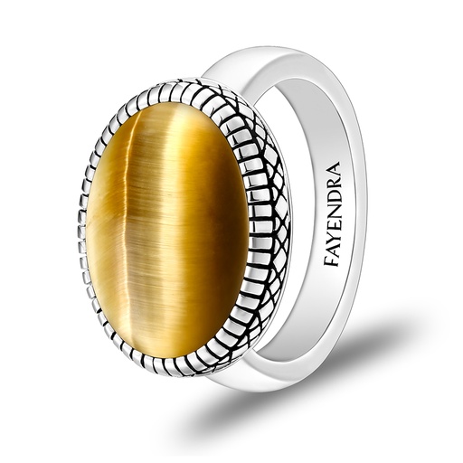 Sterling Silver 925 Ring Rhodium Plated Embedded With GOLD TIGER EYE