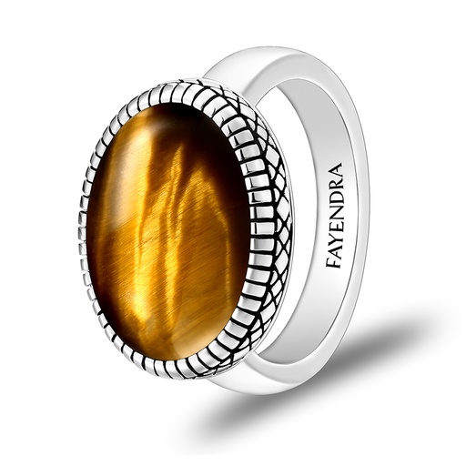 Sterling Silver 925 Ring Rhodium Plated Embedded With YELLOW TIGER EYE