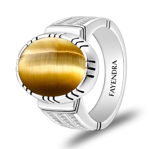 Sterling Silver 925 Ring Rhodium Plated Embedded With GOLD TIGER EYE And White CZ