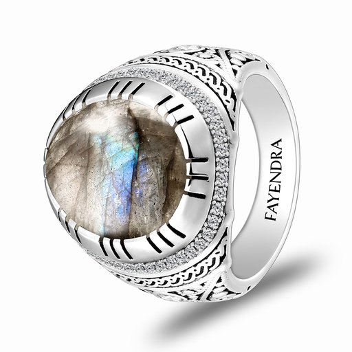 Sterling Silver 925 Ring Rhodium Plated Embedded With LABRADORITE And White CZ