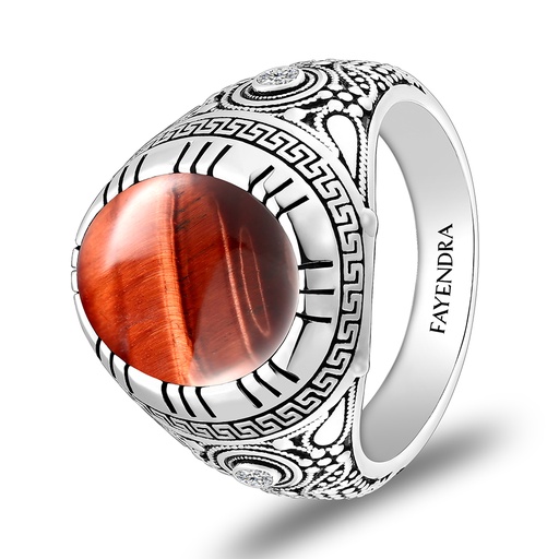 Sterling Silver 925 Ring Rhodium Plated Embedded With RED TIGER EYE And White CZ