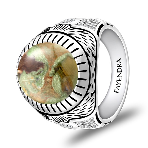 Sterling Silver 925 Ring Rhodium Plated Embedded With RHYOLITE And White CZ