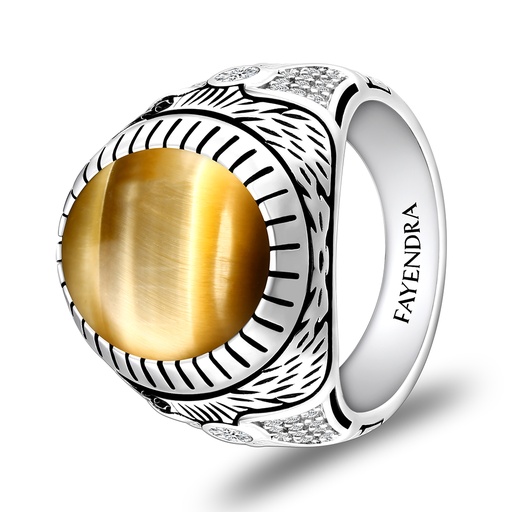 Sterling Silver 925 Ring Rhodium Plated Embedded With GOLD TIGER EYE And White CZ