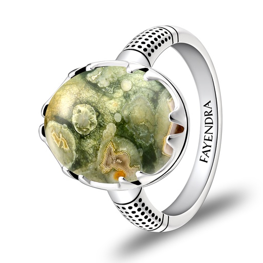 Sterling Silver 925 Ring Rhodium Plated Embedded With RHYOLITE