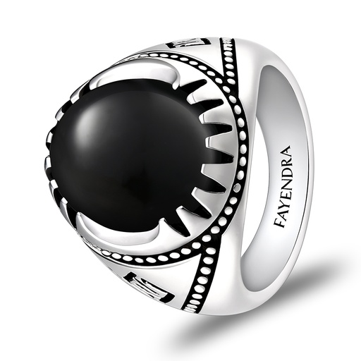 Sterling Silver 925 Ring Rhodium Plated Embedded With Black Agate