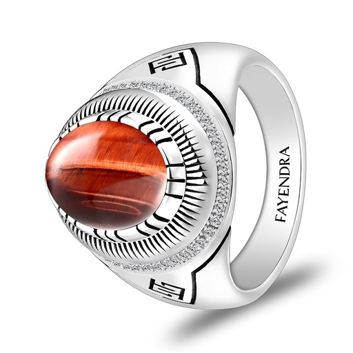 Sterling Silver 925 Ring Rhodium Plated Embedded With RED TIGER EYE And White CZ