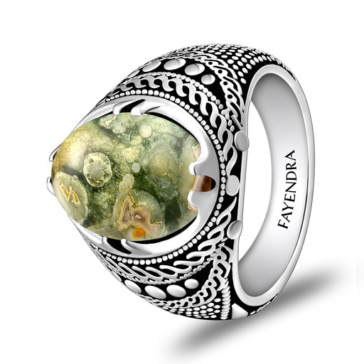 Sterling Silver 925 Ring Rhodium Plated Embedded With RHYOLITE