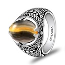 Sterling Silver 925 Ring Rhodium Plated Embedded With YELLOW TIGER EYE