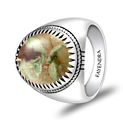 Sterling Silver 925 Ring Rhodium Plated Embedded With RHYOLITE